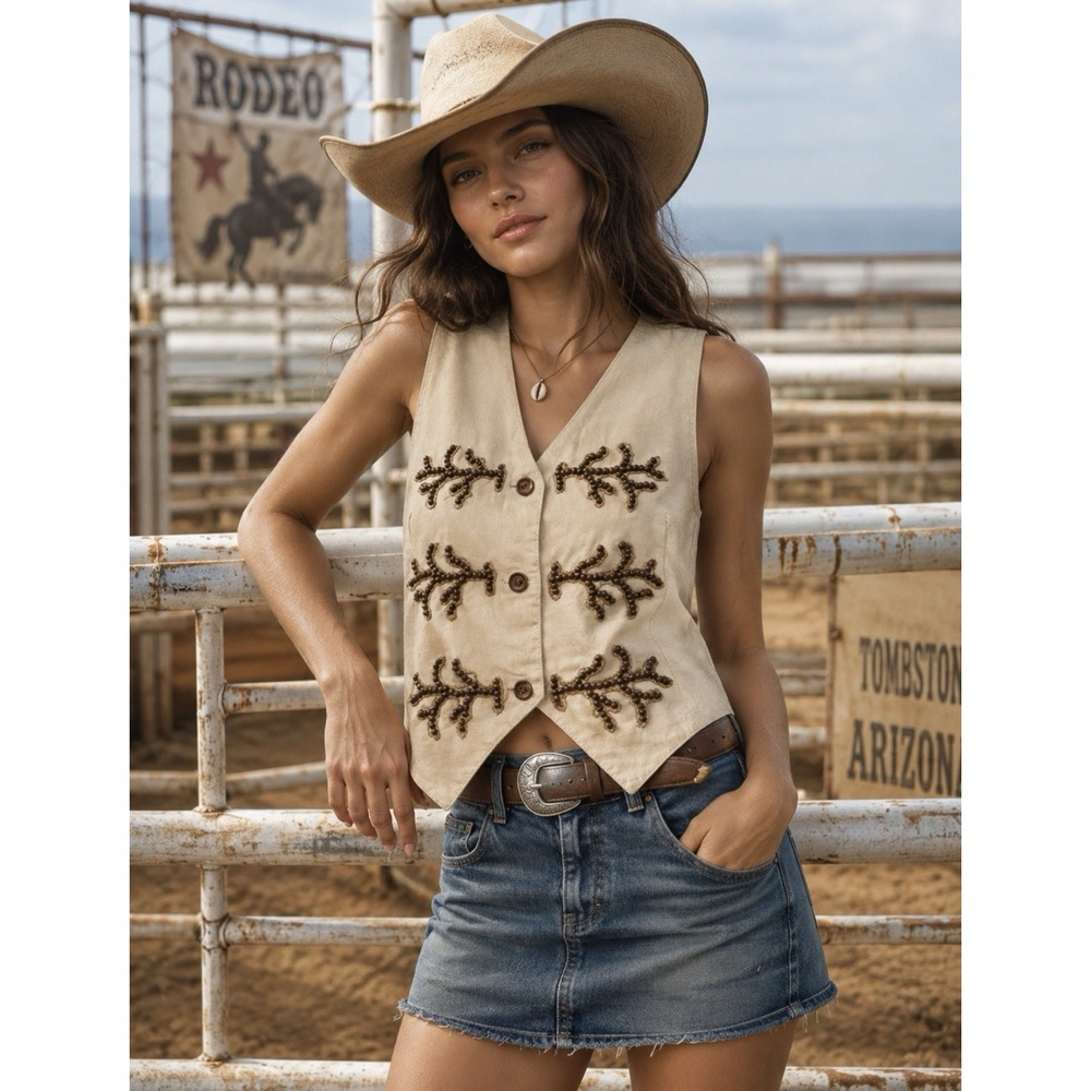 Beaded Coastal Cowgirl Vest Top Womens L VTG Western Festival USA Made Rodeo NWT